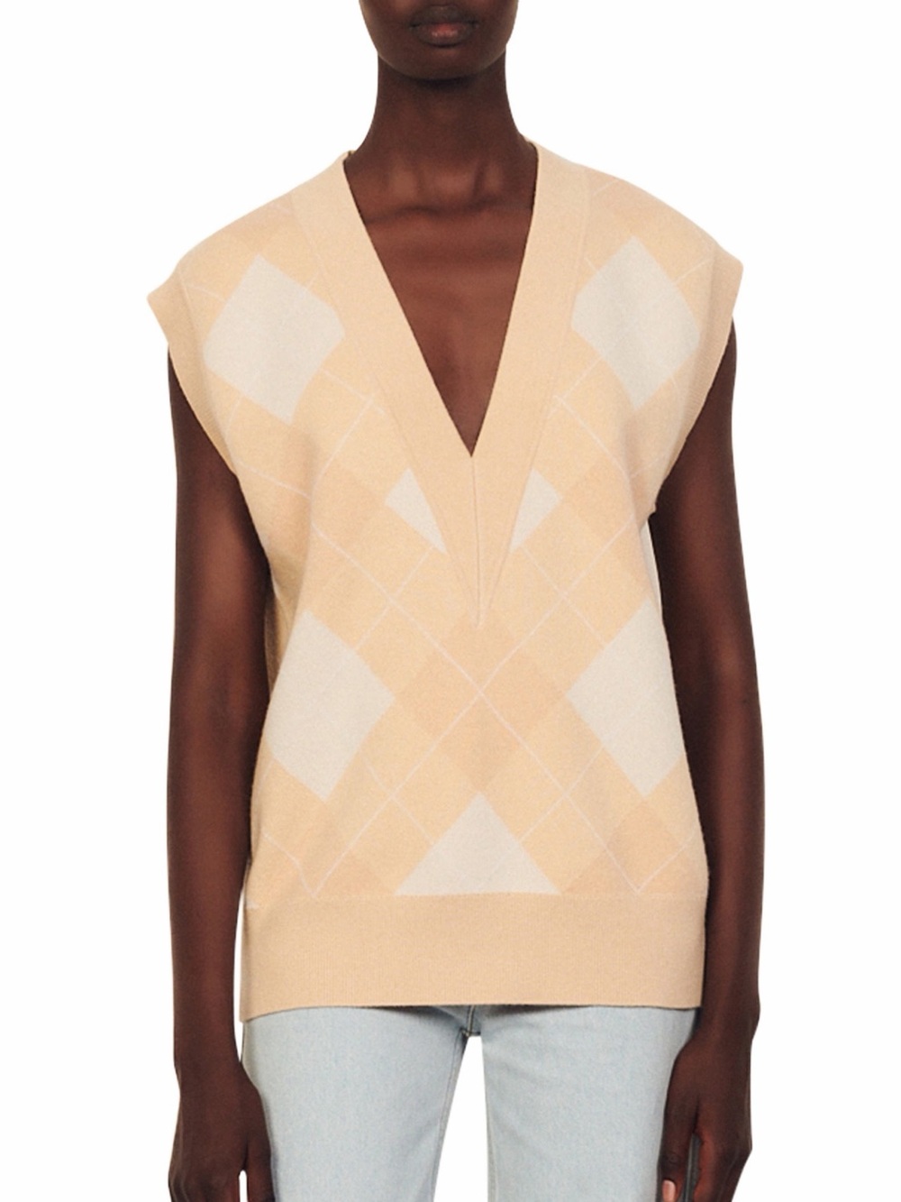 Sandro Cream Argyle Wool Cashmere Knit Sweater Vest